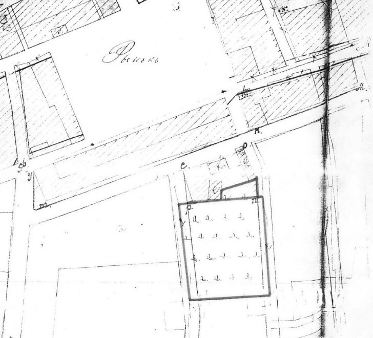 Fragment planu Beyc z 1897 r. z zaznaczonym najstarszym cmentarzem ydowskim