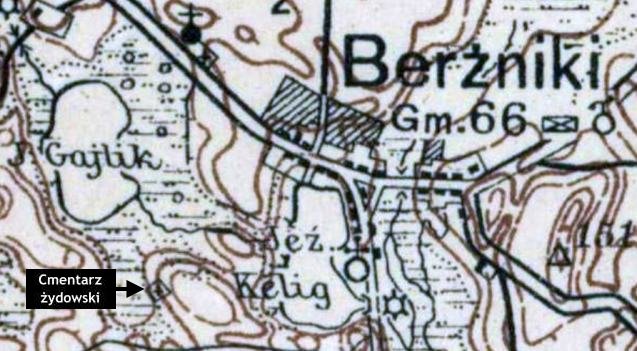 Mapa okolic Berżnik z zaznaczonym cmentarzem żydowskim. Źródło: Archiwum Map Wojskowego Instytutu Geograficznego
