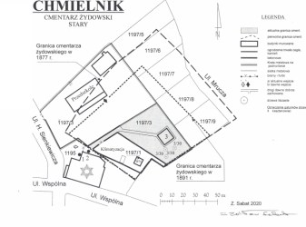 Przybliżony zarys granic cmentarza żydowskiego w Chmielniku. Źródło: Z. Sabat, Karta cmentarza, [bmw] 2020.