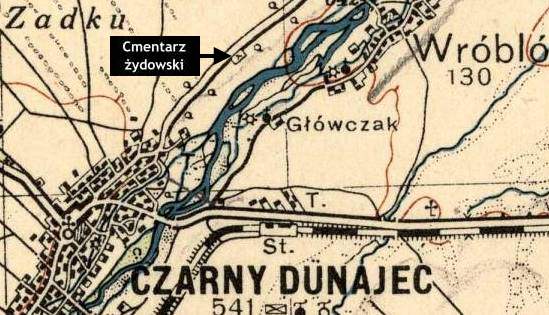 Czarny Dunajec - lokalizacja cmentarza ydowskiego na mapie z 1934 roku