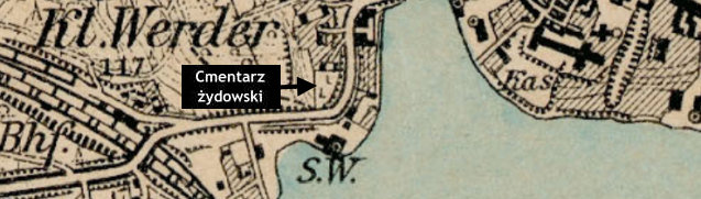 Fragment planu Iławy z 1918 r., z zaznaczonym cmentarzem żydowskim. Źródło: www.mapywig.org.