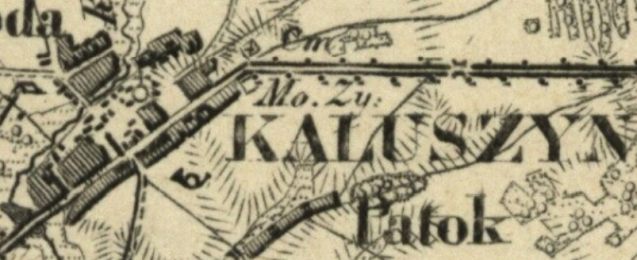 Plan Kałuszyna z 1839 r. z zaznaczeniem najstarszego cmentarza żydowskiego ("Mo[giłki] Ży[dowskie]). Źródło: Topograficzna Karta Królestwa Polskiego