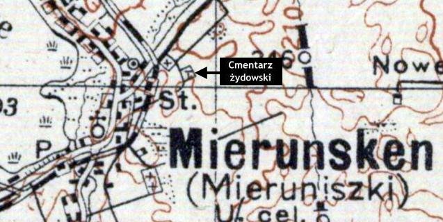 Plan Mieruniszek z 1931 r. z zaznaczeniem cmentarza żydowskiego. Źródło: Archiwum Map Wojskowego Instytutu Geograficznego 1919 - 1939