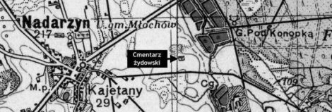 Mapa Nadarzyna z 1932 r. z zaznaczonym cmentarzem żydowskim