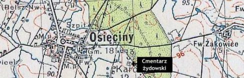 Plan okolic Osięcin z 1934 roku, z zaznaczonym cmentarzem żydowskim