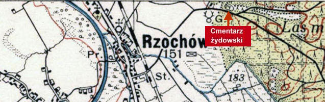Lokalizacja cmentarza żydowskiego w Rzochowie na mapie Wojskowego Instytutu Geograficznego z 1938 roku