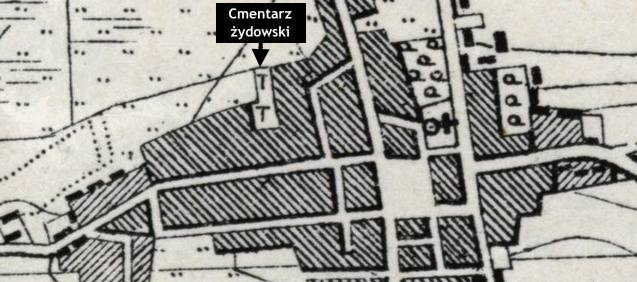 Plan Wolbromia z 1935 r. z zaznaczonym najstarszym cmentarzem żydowskim.