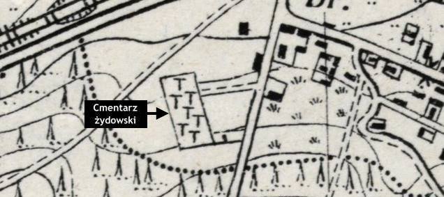 Plan Wolbromia z 1935 r. z zaznaczonym nowym cmentarzem żydowskim. Źródło: Archiwum Map Wojskowego Instytutu Geograficznego 1919-1939.